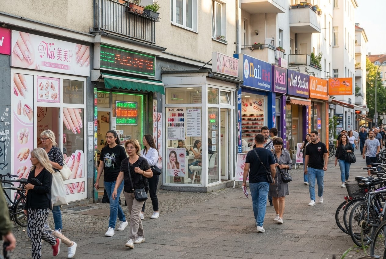 A busy city street with multiple nail studio storefronts, each with different signage and neon lights.