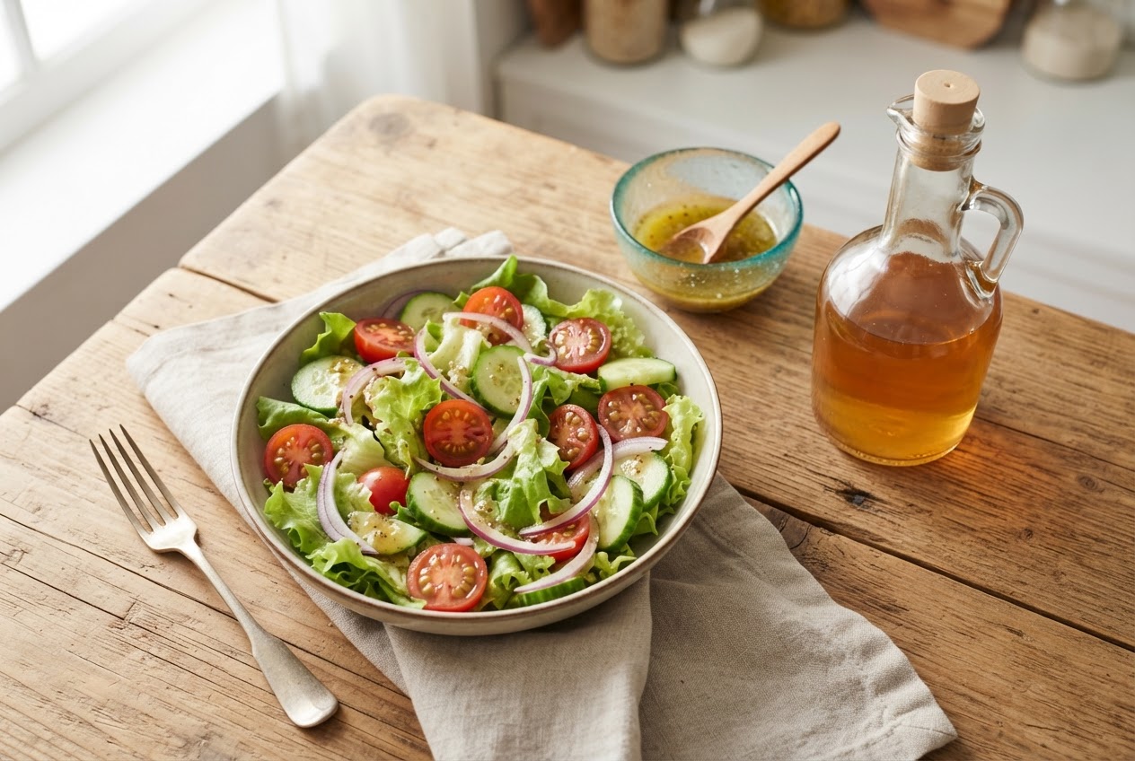 A salad with vinaigrette dressing and a bottle of apple cider vinegar on a kitchen table.
