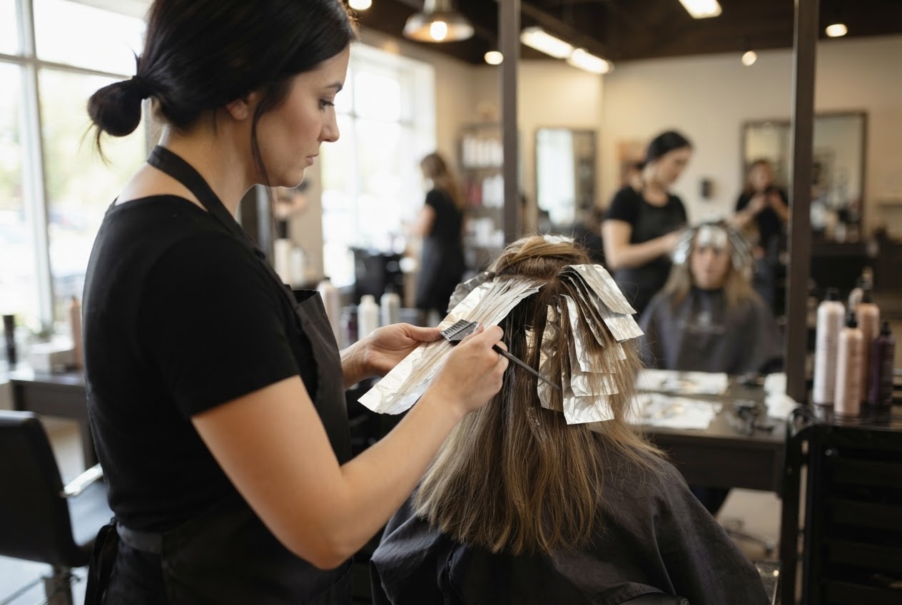 A hairdresser applying bleach to a client's hair in a salon, with foils and brushes visible.