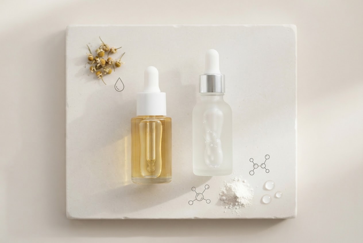 A serum bottle and a cleansing oil bottle with a dropper, surrounded by ingredients like niacinamide and hyaluronic acid, on a clean surface.