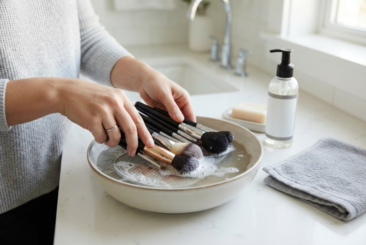 A set of makeup brushes being washed in a bowl of soapy water, with a brush cleaner nearby.