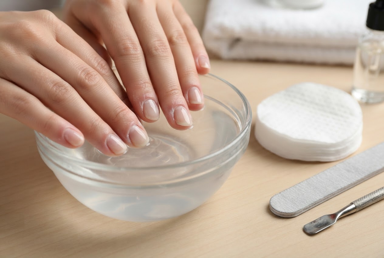 A bowl of acetone with fingertips soaking, nail file and cotton pads nearby.