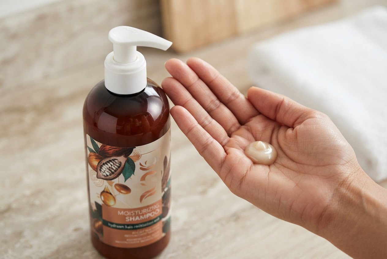 A bottle of moisturizing shampoo next to a small amount of product in a hand.