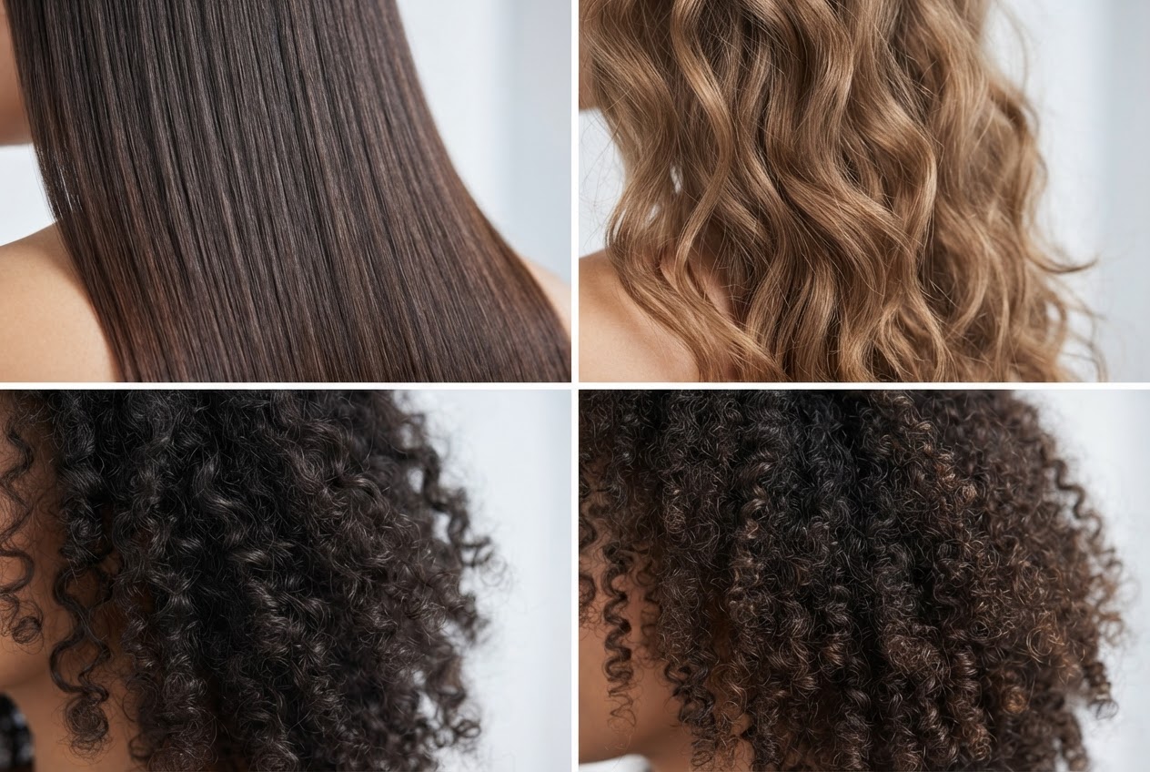 Collage of four different hair textures: straight, wavy, curly, and coily.