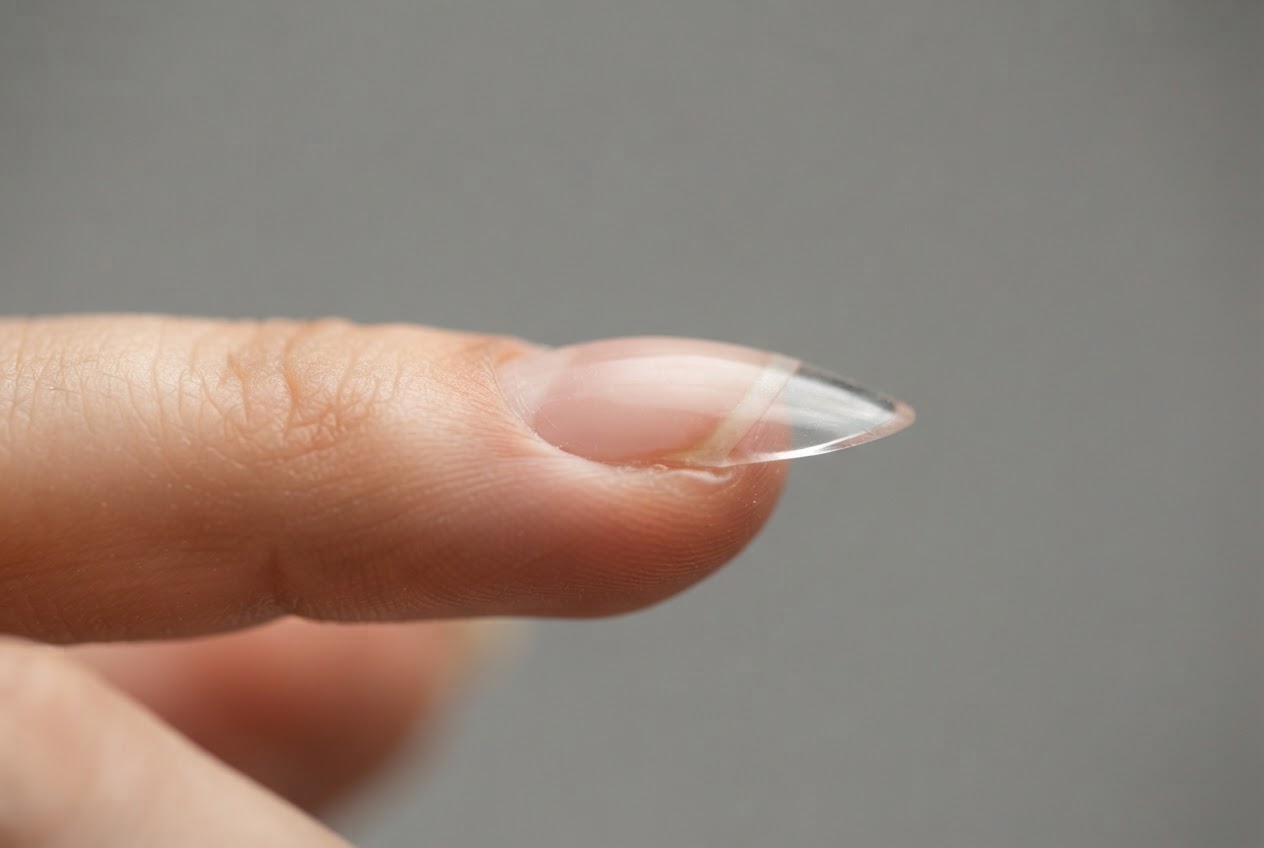 Side view of an acrylic nail showing a pronounced apex and a curved C-shape.