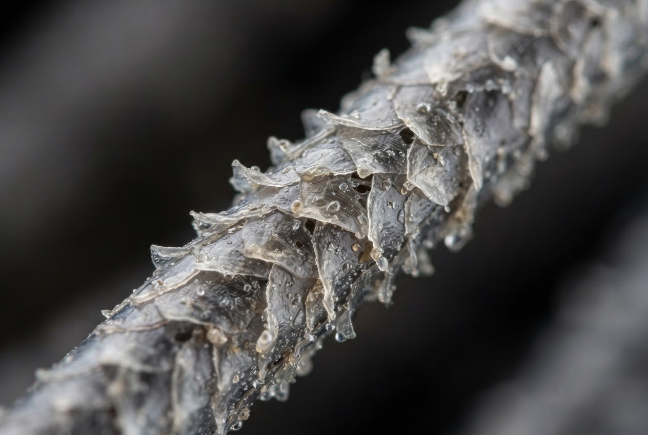 Extreme close-up of gray hair shaft showing raised cuticles and small droplets, indicating porosity.