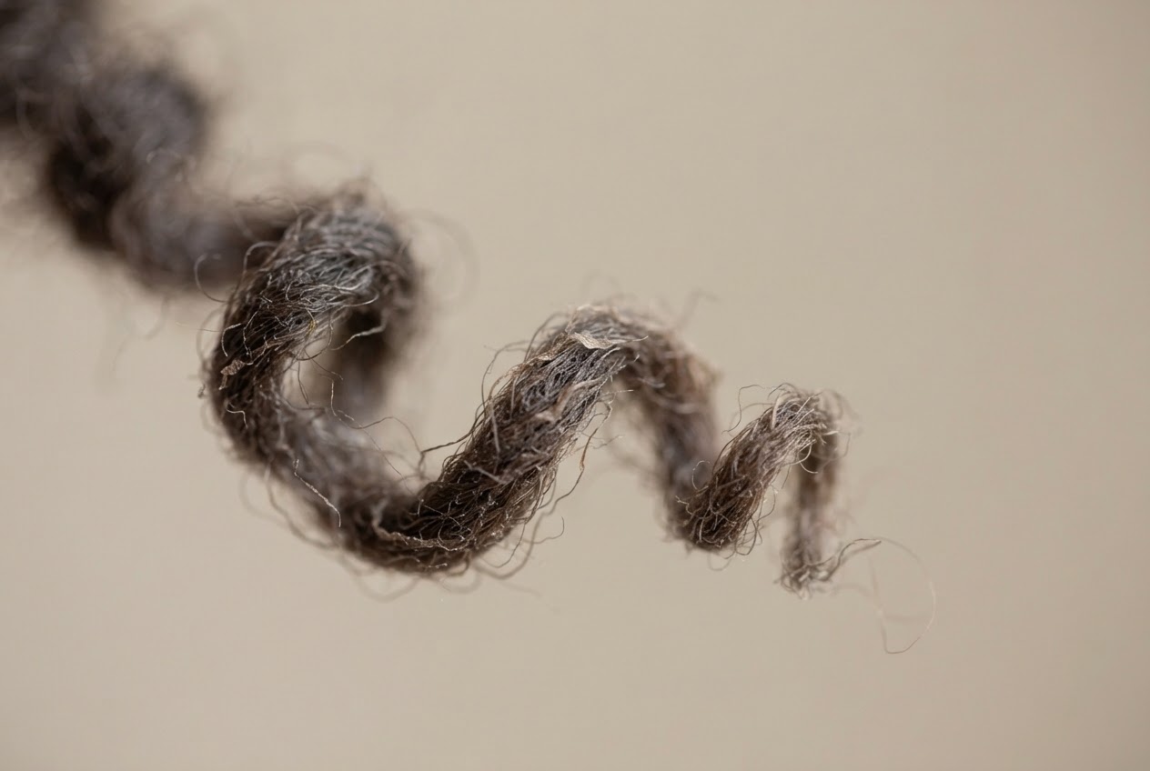 Close-up of a natural Afro hair strand with tight spiral curls, looking dry and porous.