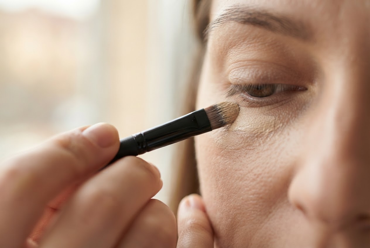 A small angled concealer brush applying concealer under the eye.
