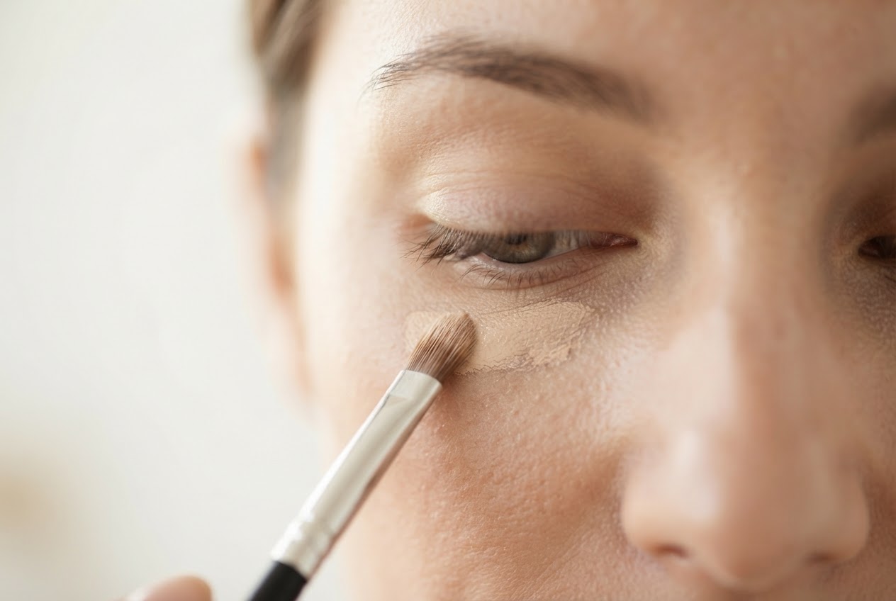 Close-up of applying concealer under the eye with a small brush, blending the edges softly.