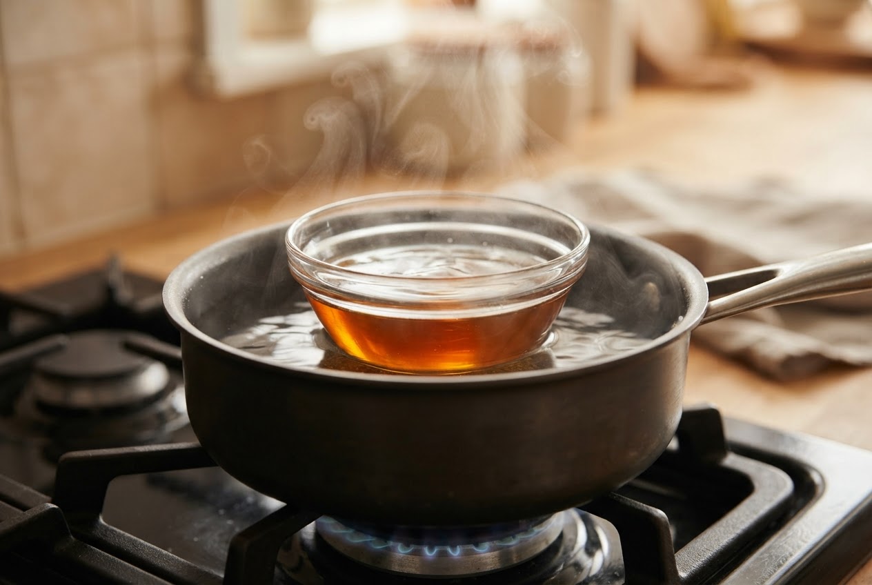 A small glass bowl with oil floating in a pot of hot water, steam rising.