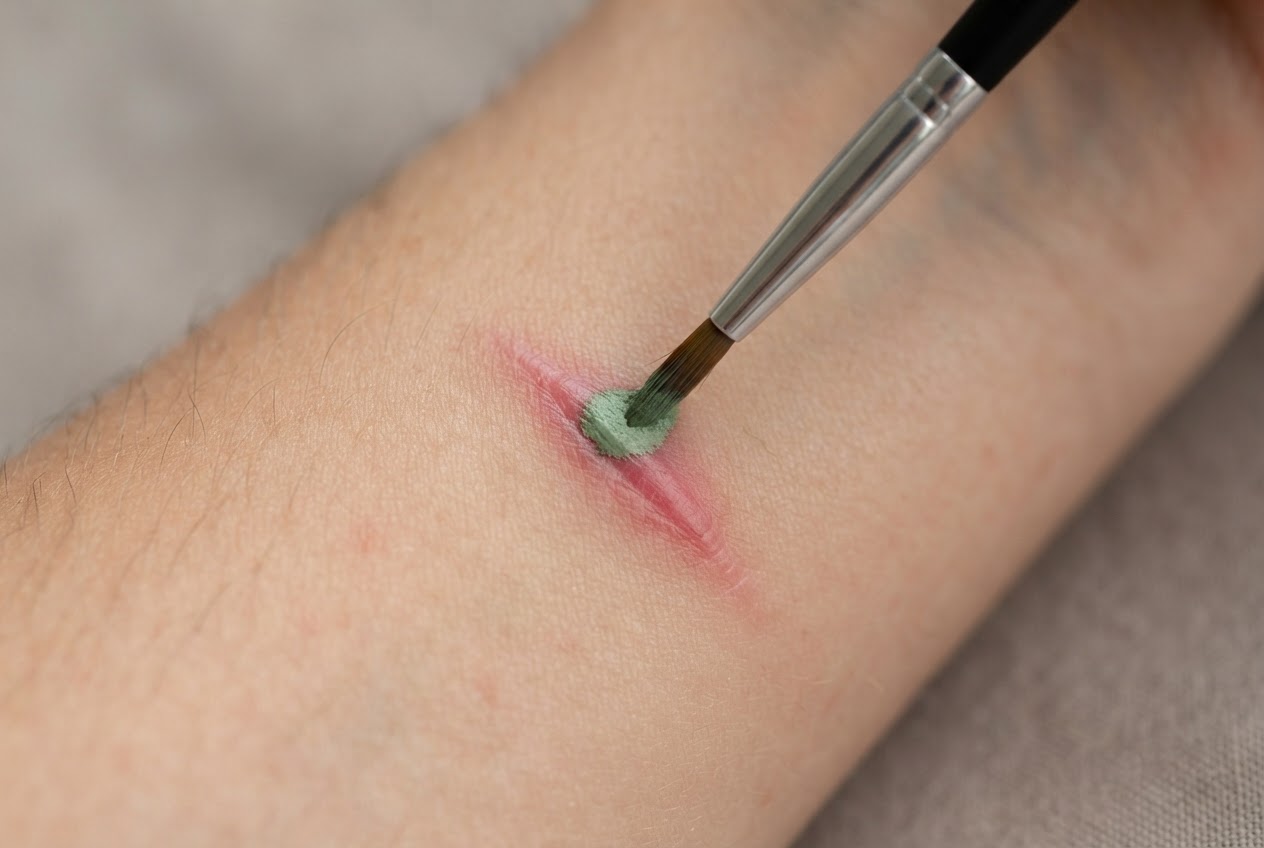 A small brush applies green color corrector to a red scar on the skin.