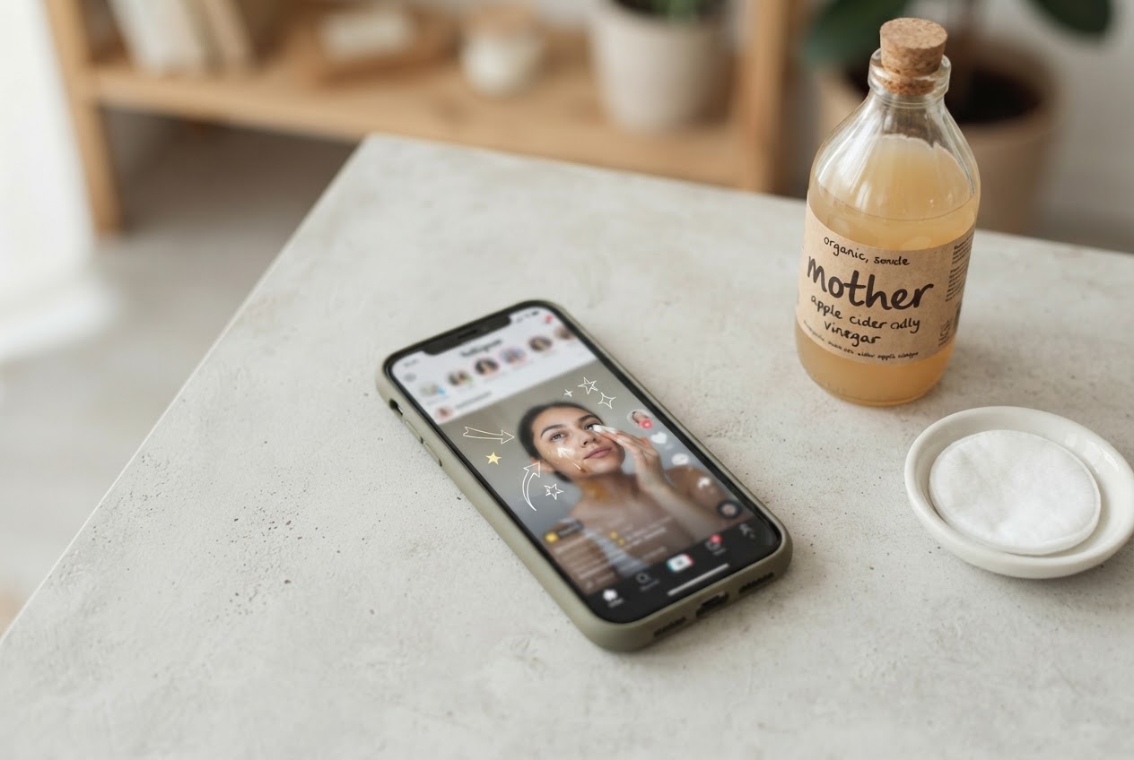 A smartphone lying on a table next to a small bottle of apple cider vinegar, with a blurred social media feed in the background.