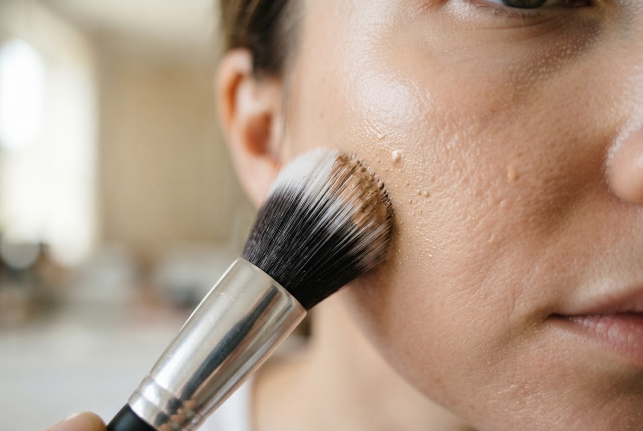 A stippling brush with dense short bristles dabbing liquid foundation onto a cheek.