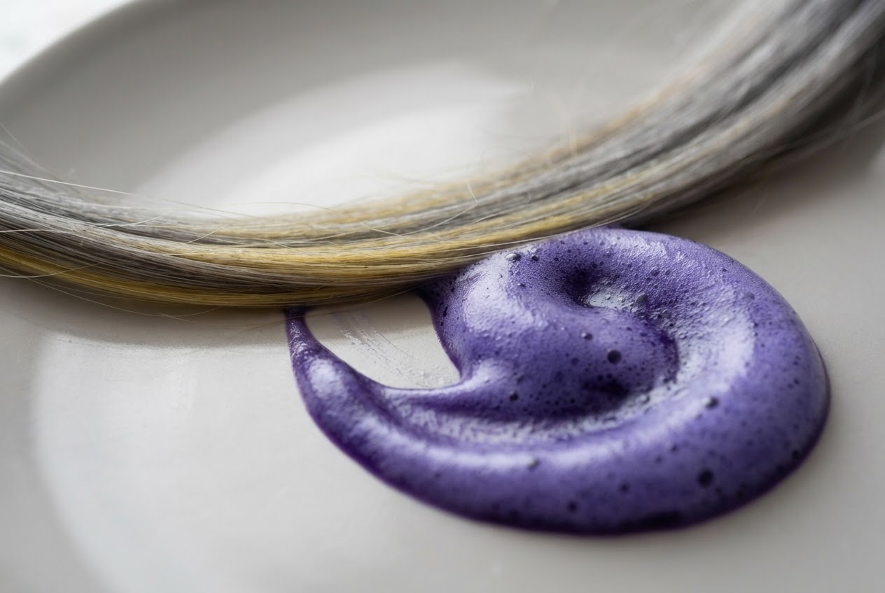Close-up of violet shampoo lather on a strand of gray hair with subtle yellow undertones.