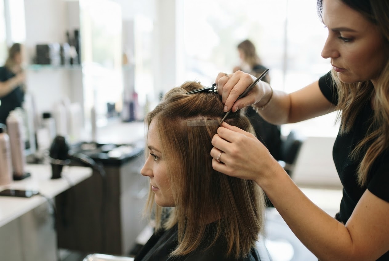 Stylist bringt Tape-in-Extensions am Haaransatz an.