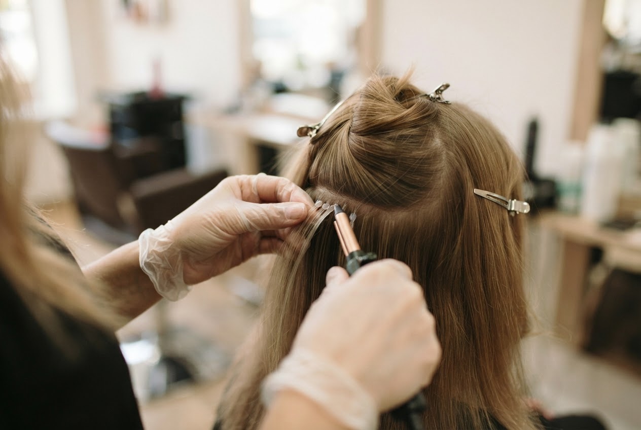 Stylist schmilzt eine Keratinverbindung an einer Haarsträhne.