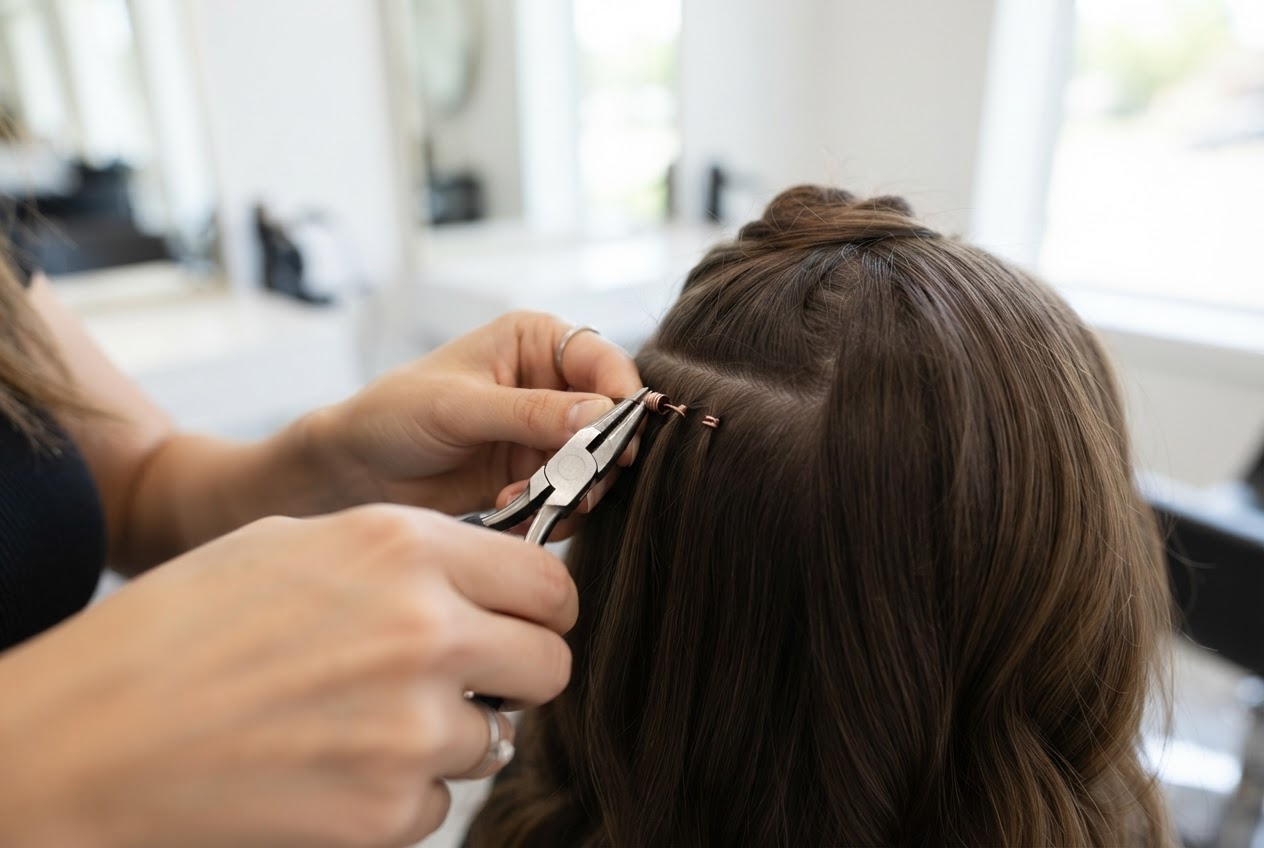 Stylist befestigt eine Strähne mit einem Microring.