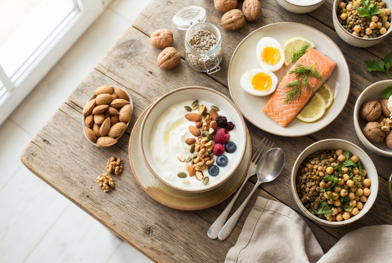 A table spread with eggs, fish, legumes, nuts, and dairy, representing protein‑rich foods.