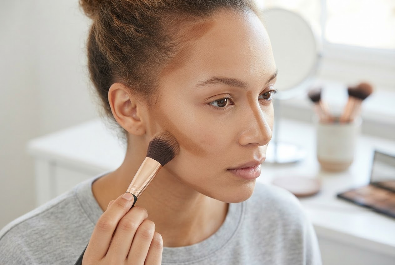 A three-quarter view of a person with bronzer applied under the cheekbones, along the hairline, and on the sides of the nose.