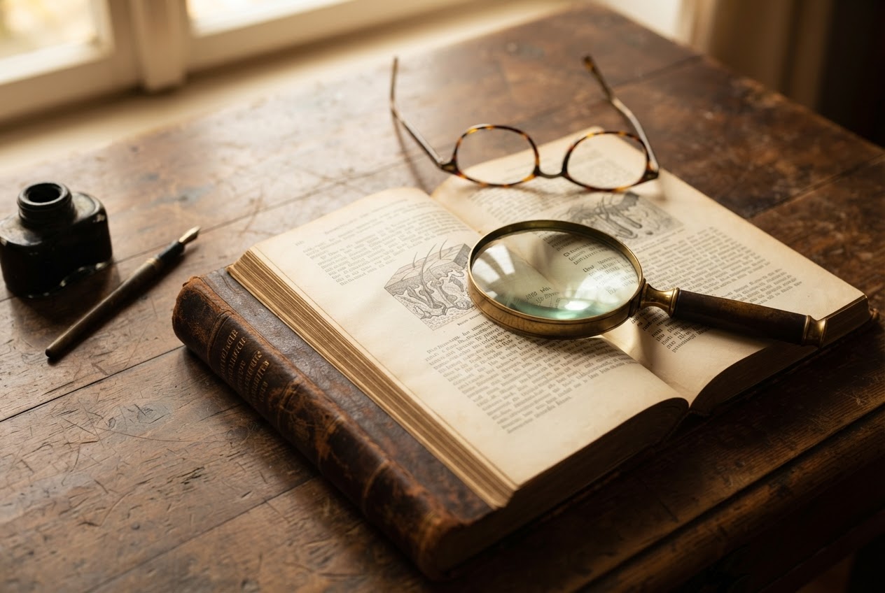 A vintage medical book and magnifying glass on a desk, suggesting historical origin.