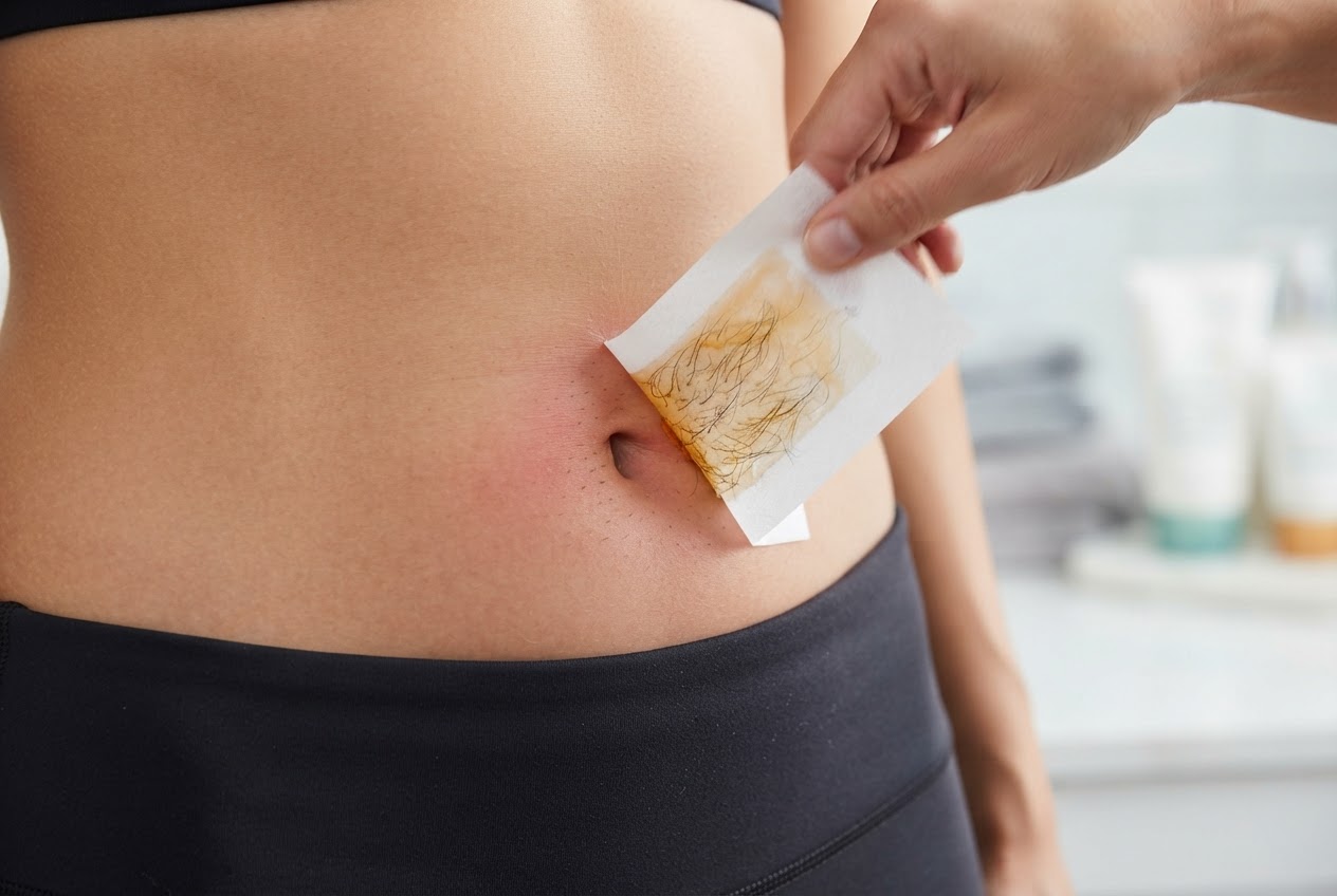 A close-up of a wax strip being pulled off a belly, with wax and hair visible on the strip.