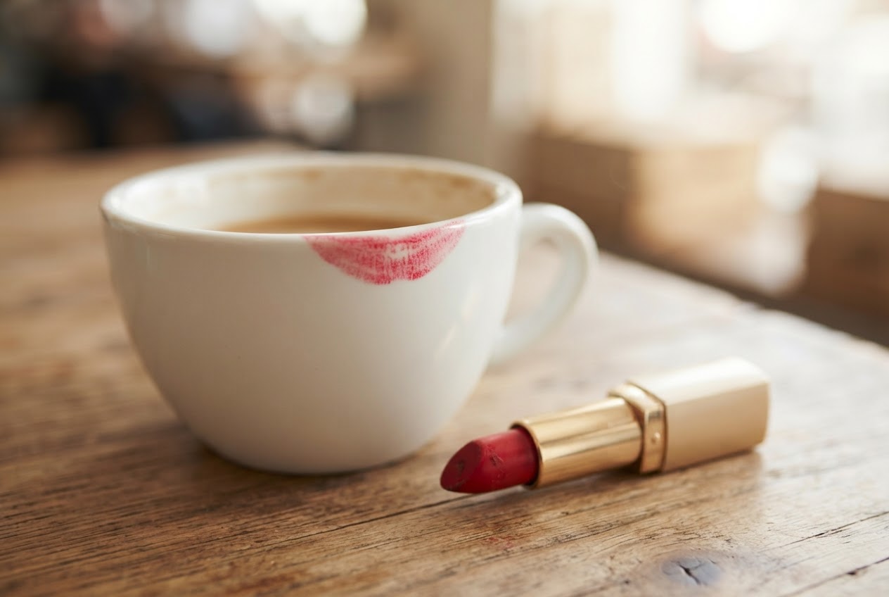 A white coffee cup with a red lipstick stain on the rim, next to a red lipstick.