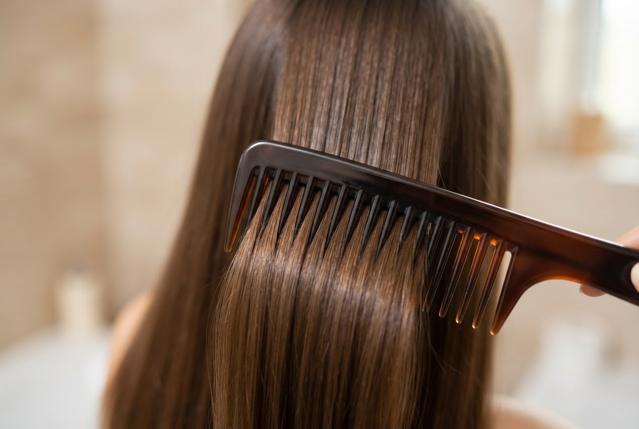 A wide-tooth comb gliding through long, shiny, smooth hair.