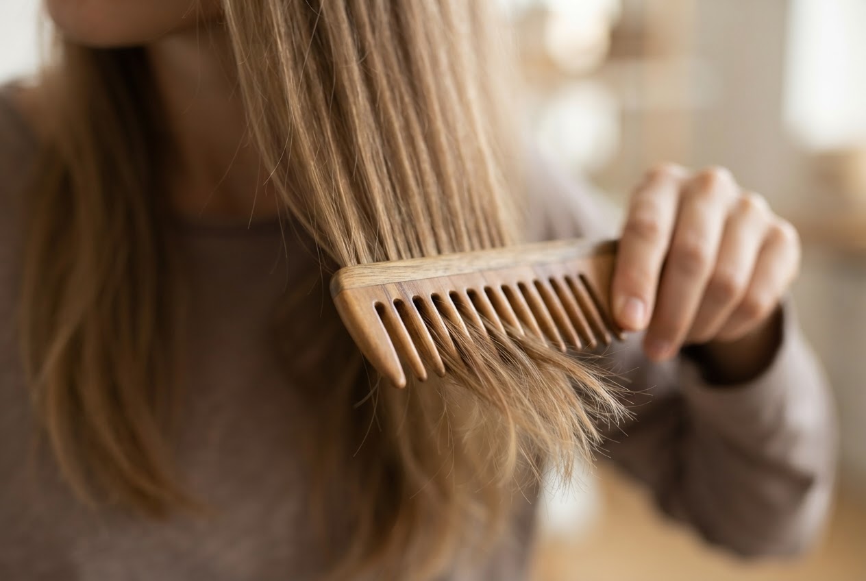 A close-up of a wide-tooth comb being guided through the ends of long, dry hair.