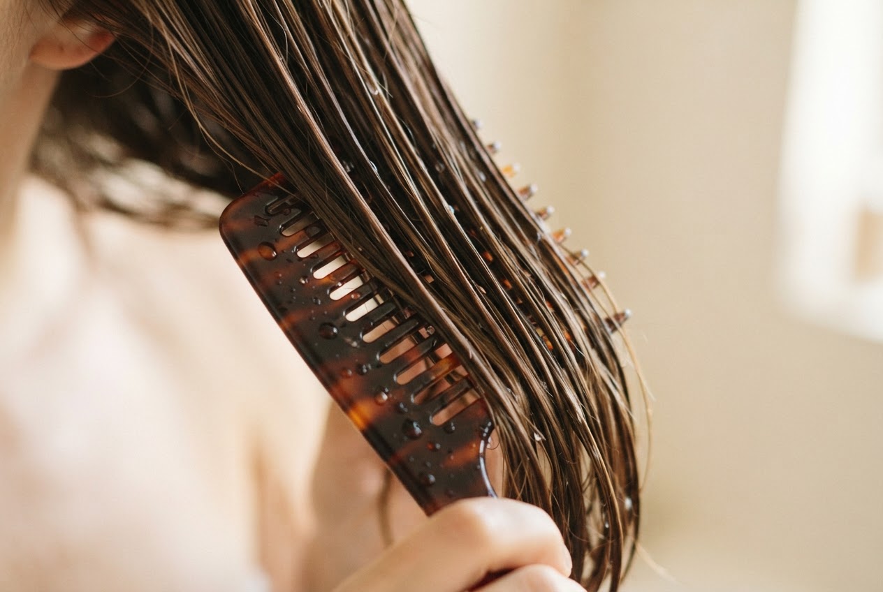 A wide-tooth comb being run through damp brown hair.