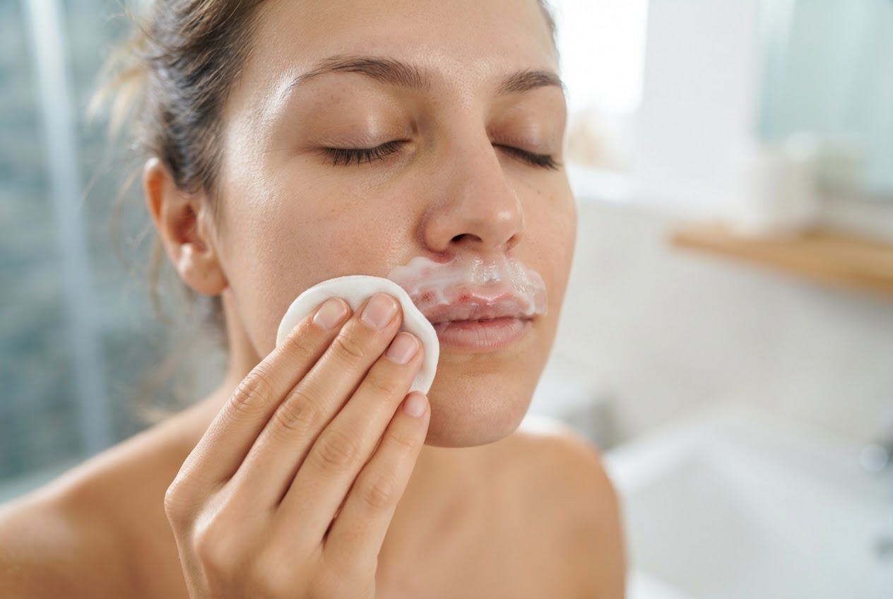 A woman gently applying a non-alcoholic soothing cream to her upper lip area after threading.