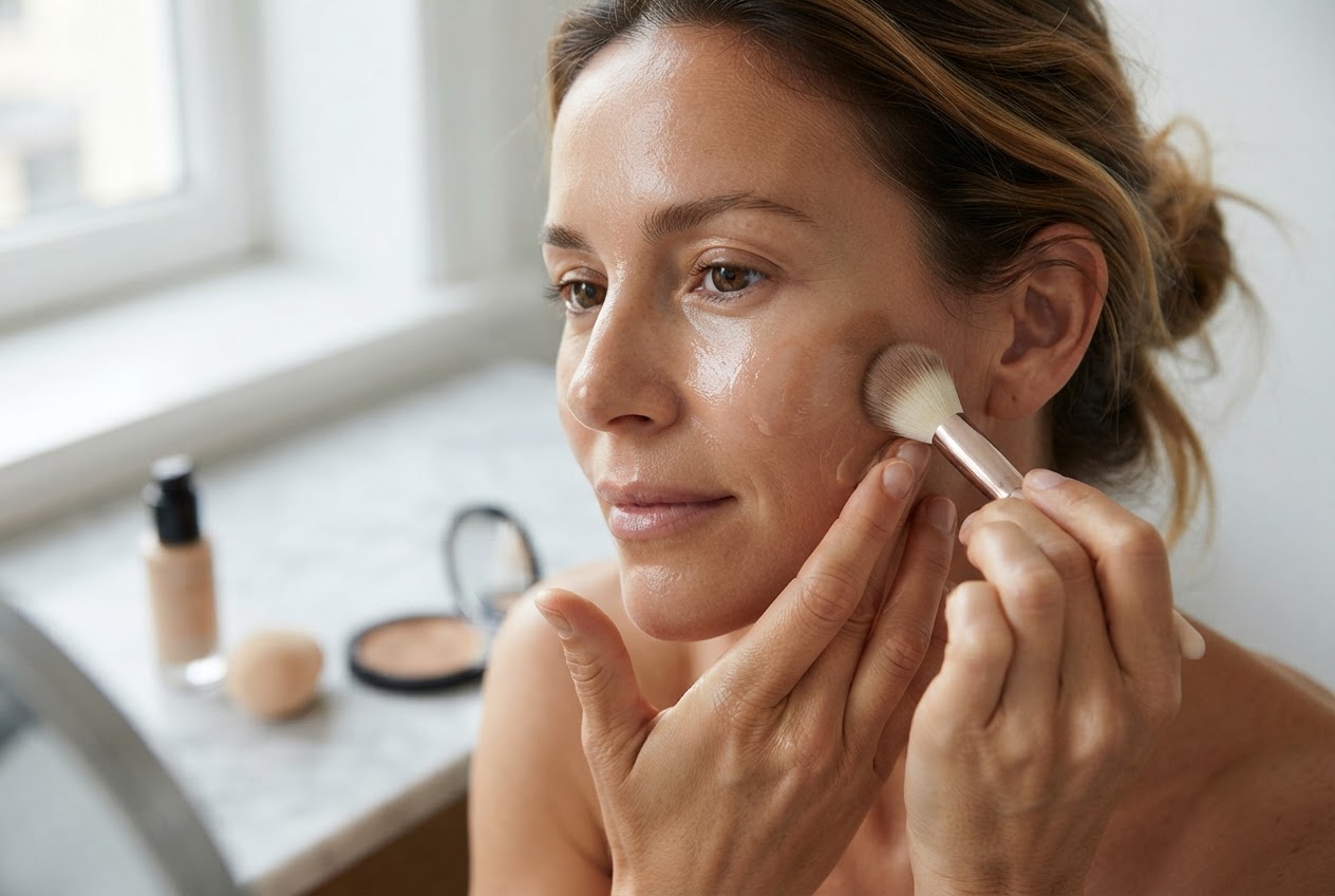 A woman applying a tinted moisturizer with her fingertips to her face, with a small amount of bronzer being swept onto her cheekbone.