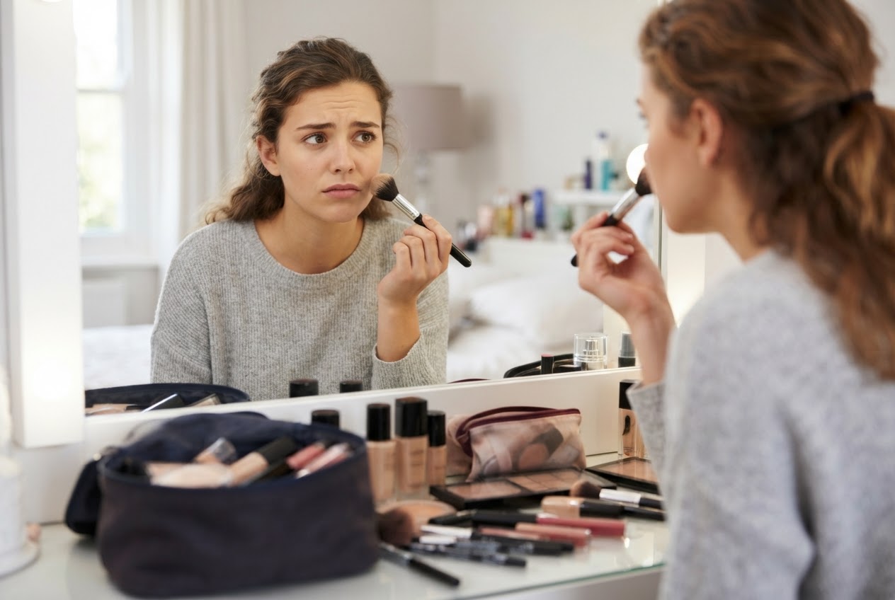 A woman looking into a mirror with an open makeup bag, appearing uncertain, with a thought bubble showing a numbered sequence of makeup steps.