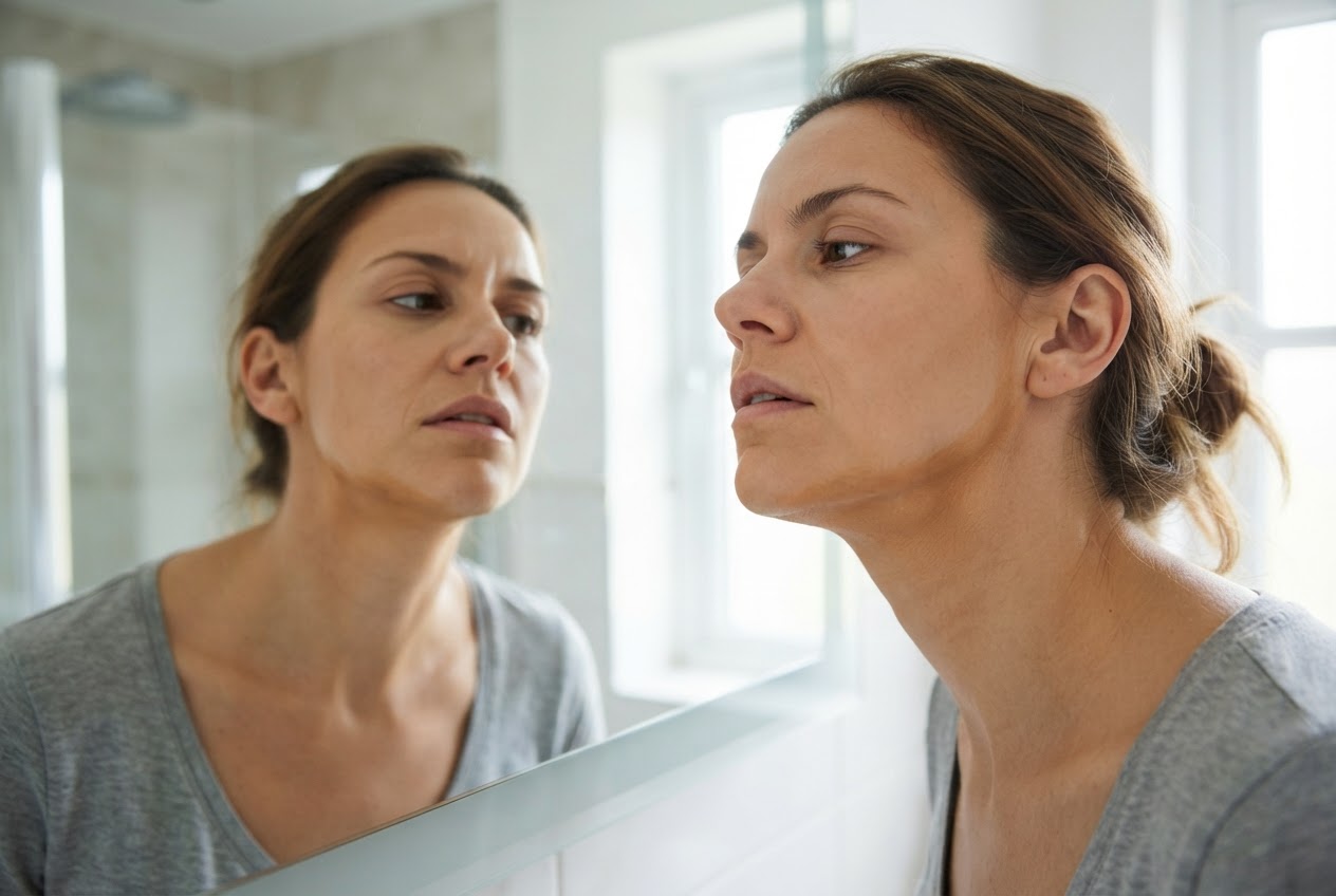 A woman looks into a mirror with a visible line of foundation along her jaw, illustrating a shade mismatch.