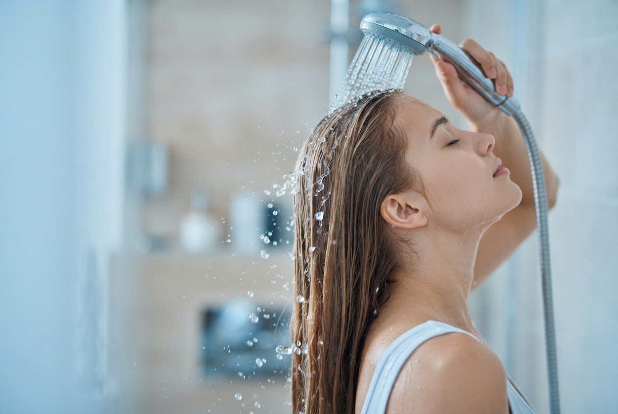A woman tilting her head back under a shower, rinsing her hair with cool water.