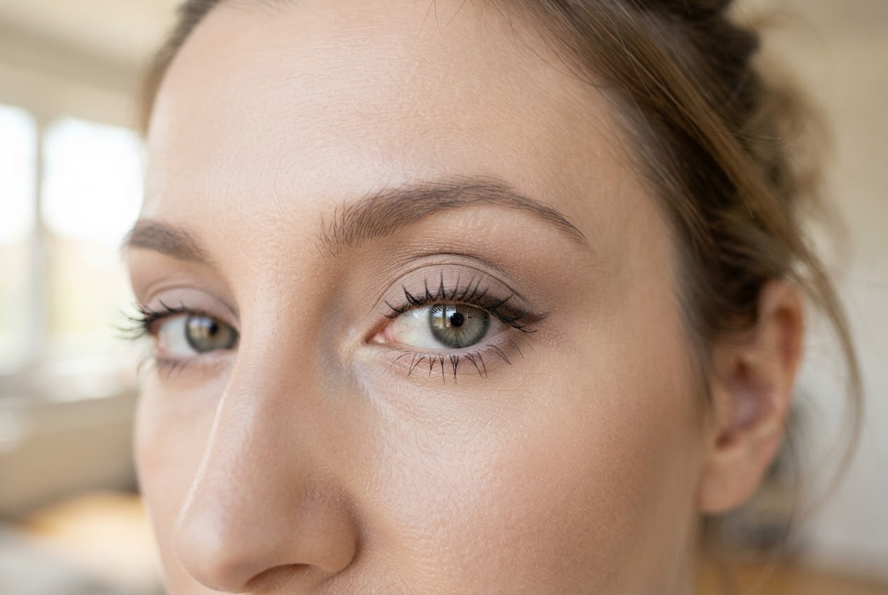 A close-up of a woman's eye with subtle, natural makeup, looking awake and fresh