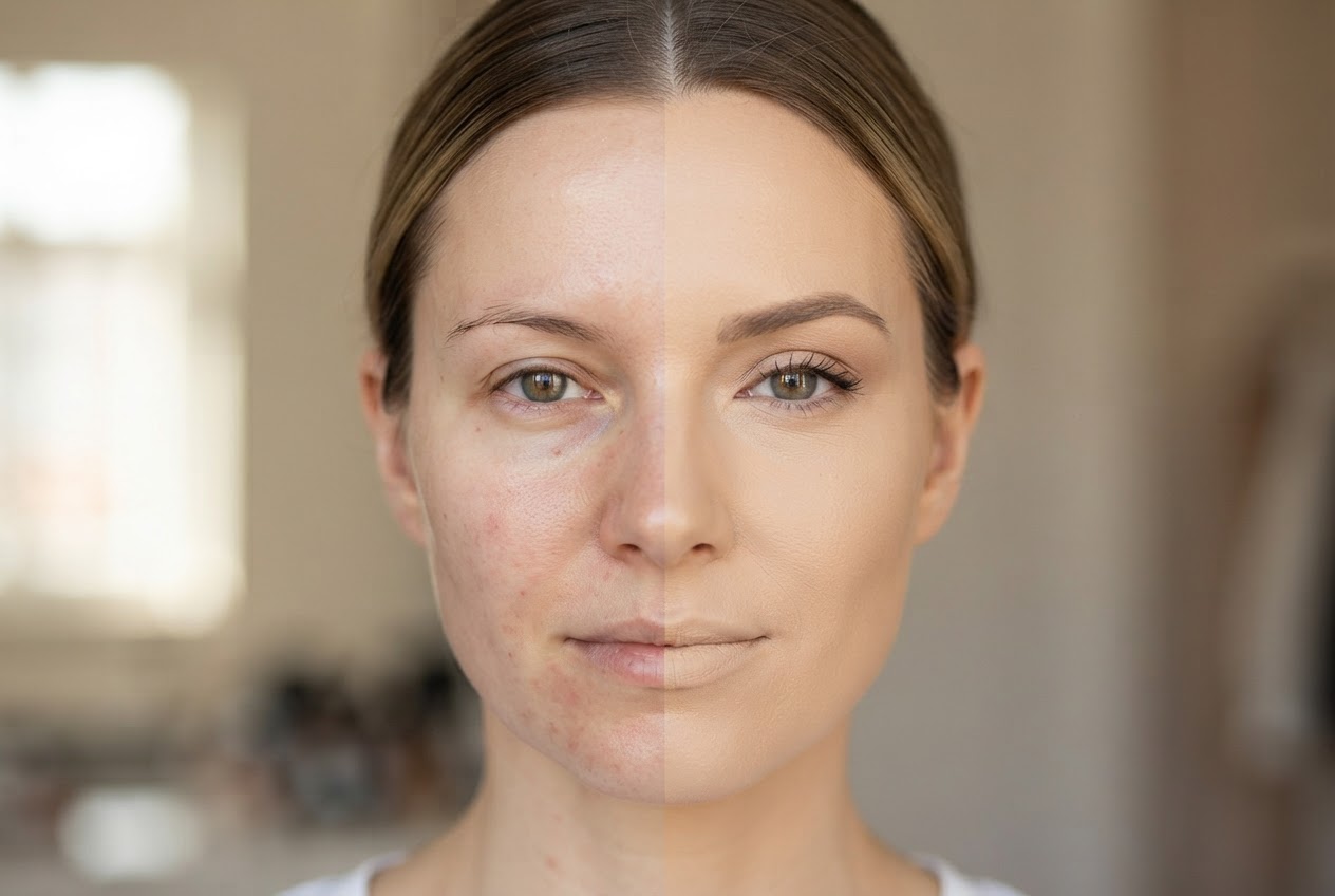 Close-up of a woman's face with flawless, natural-looking makeup, half of the face with foundation and half without to show the effect.