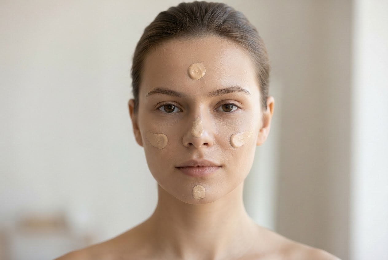 A woman's face with small dots of foundation on her forehead, cheeks, nose, and chin, before blending.