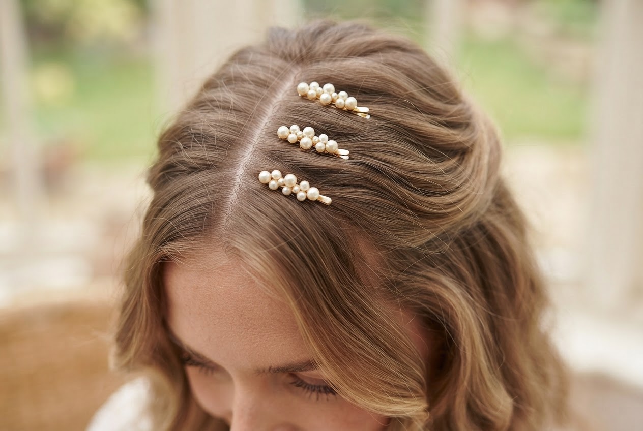 Pearl hair clips placed along a center hair part.