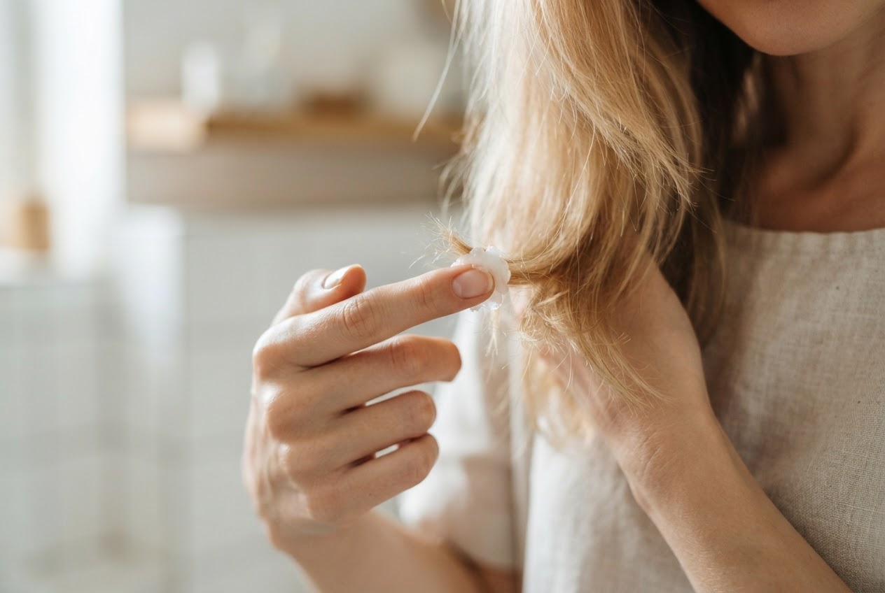 A close-up of a hand with a pea-sized drop of coconut oil being applied to the dry ends of fine hair.