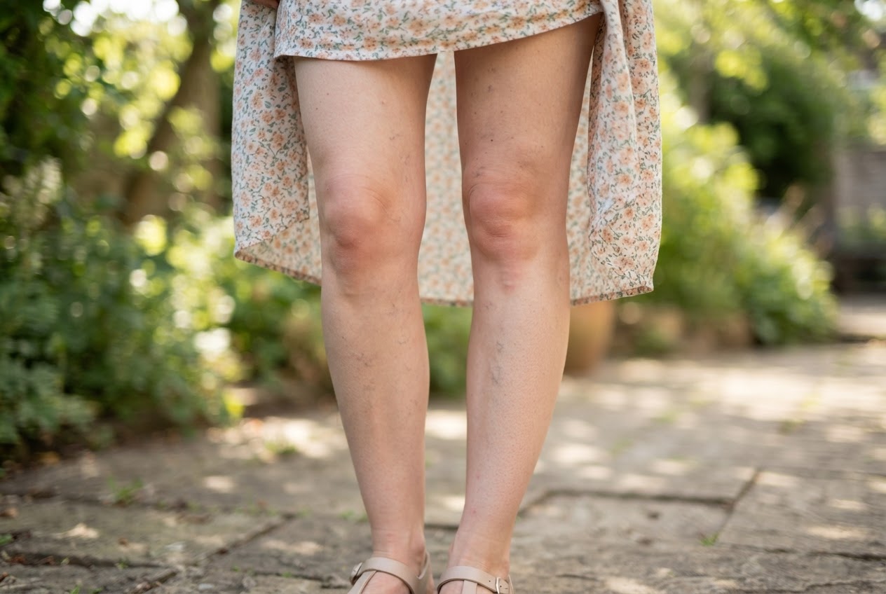 A woman’s leg in natural light with slight redness, small visible veins, and pigmentation spots, wearing a light summer dress.