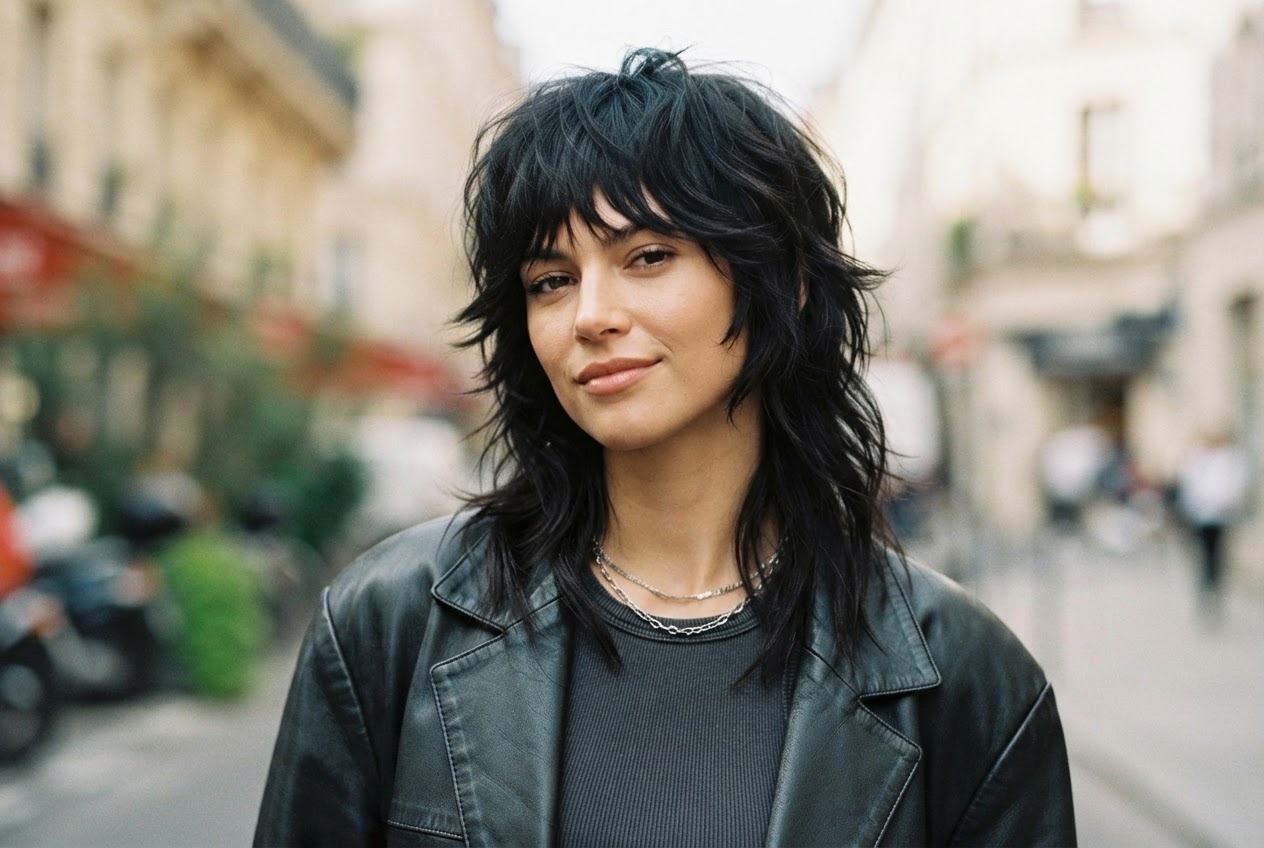 Woman with a black layered shag haircut, hair slightly tousled, framing the face, casual rock style.