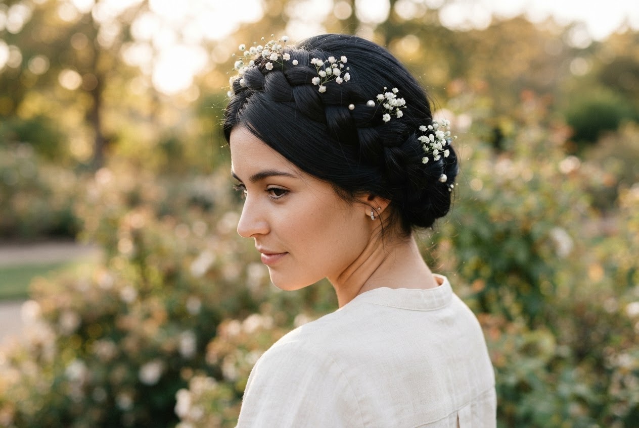 Woman with a black braided crown around her head, decorated with small flowers, viewed from the side, soft natural backdrop.