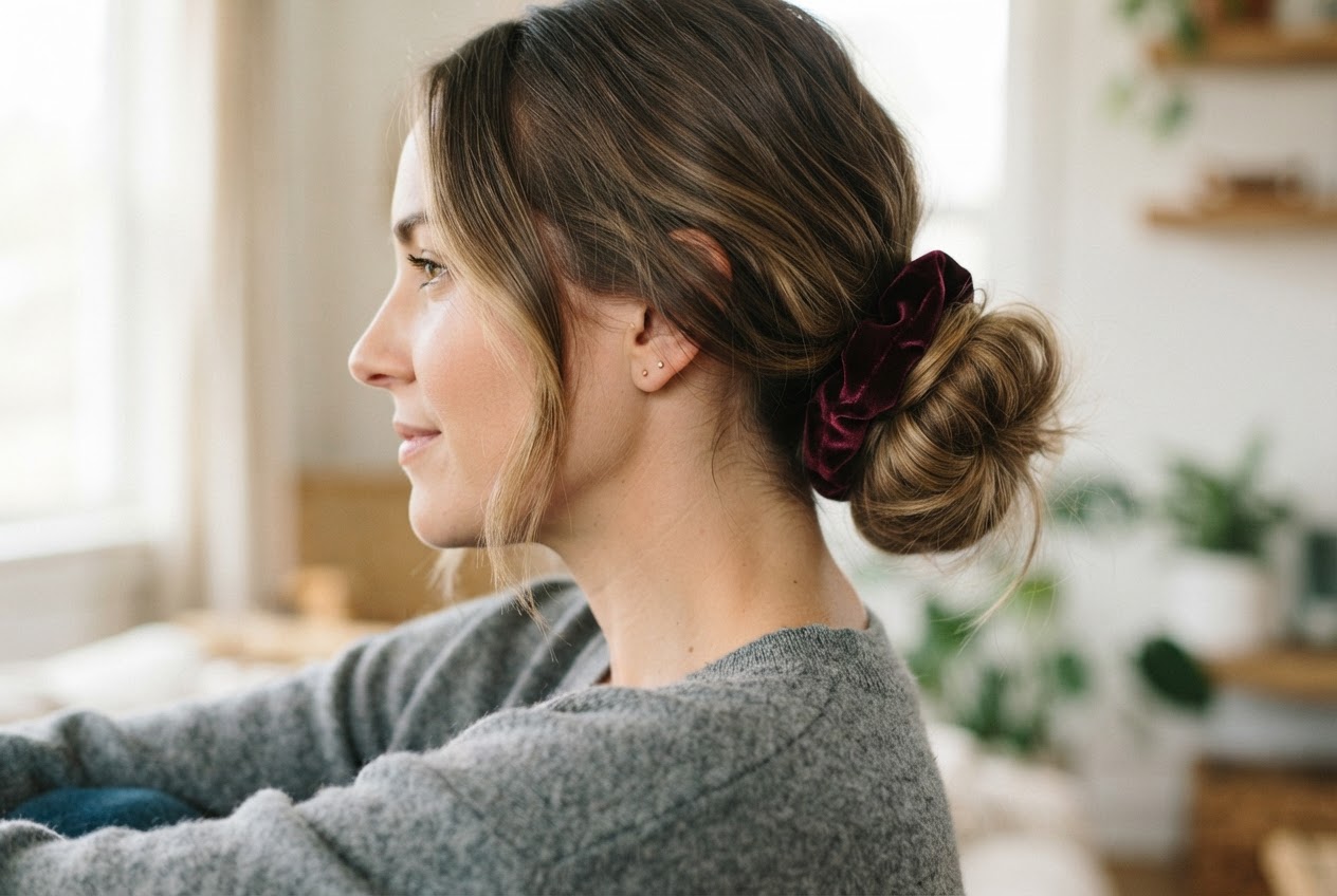 Woman with a low bun and a velvet scrunchie, looking relaxed.