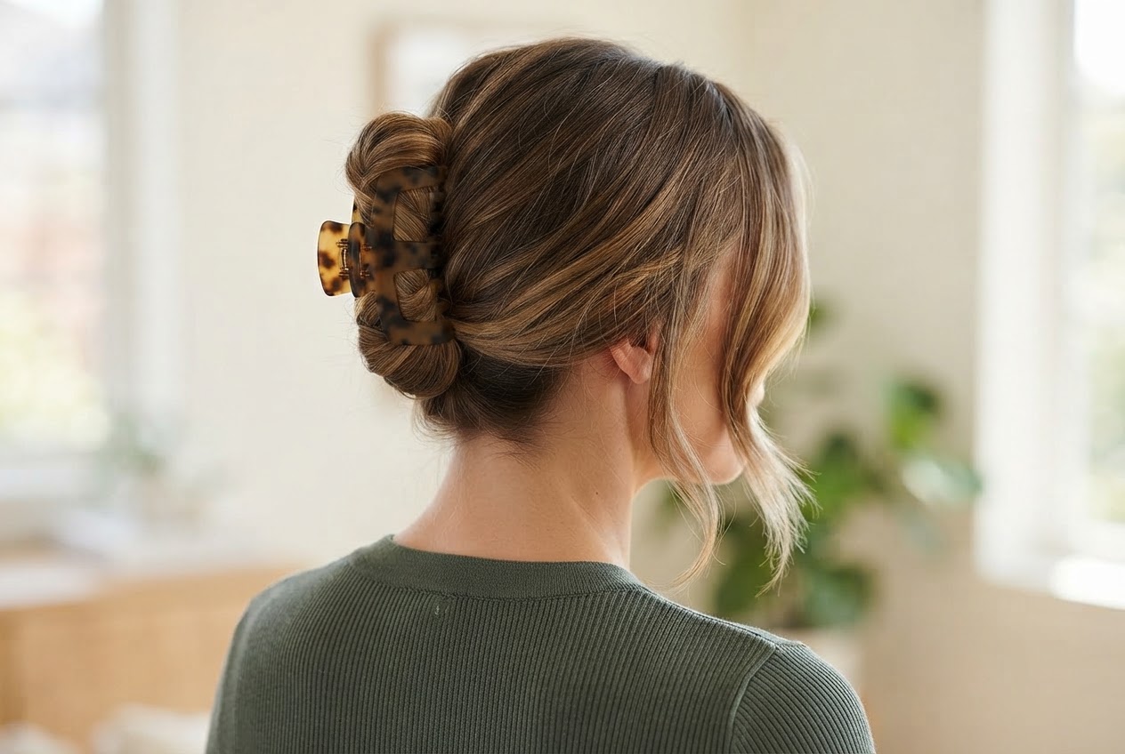 Woman with a claw clip holding a low bun, with a few loose strands.