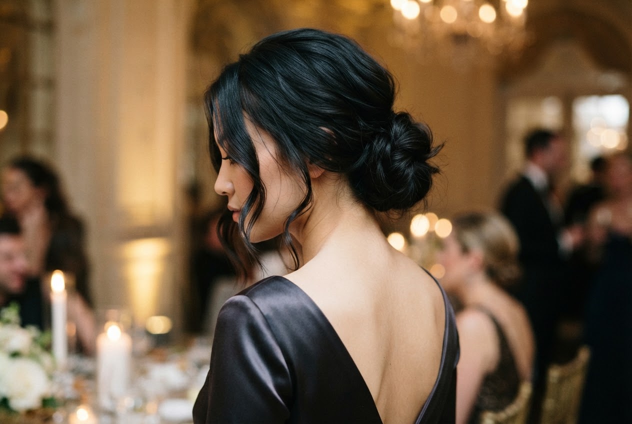 Elegant woman with a low chignon, a few loose strands framing her face, soft evening lighting, upscale atmosphere.