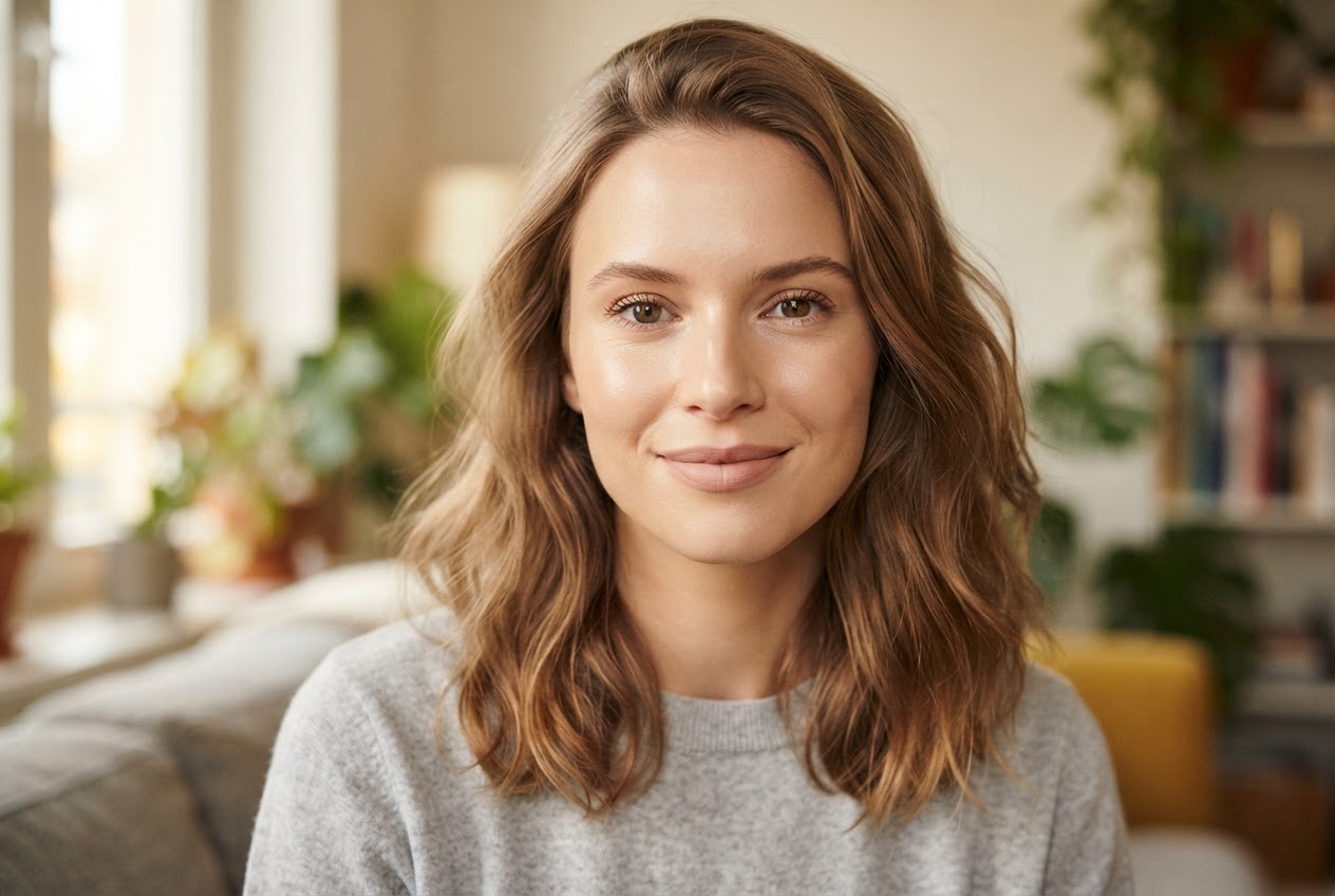 A woman with a natural, velvet-matte makeup look for daytime, glowing but not shiny.