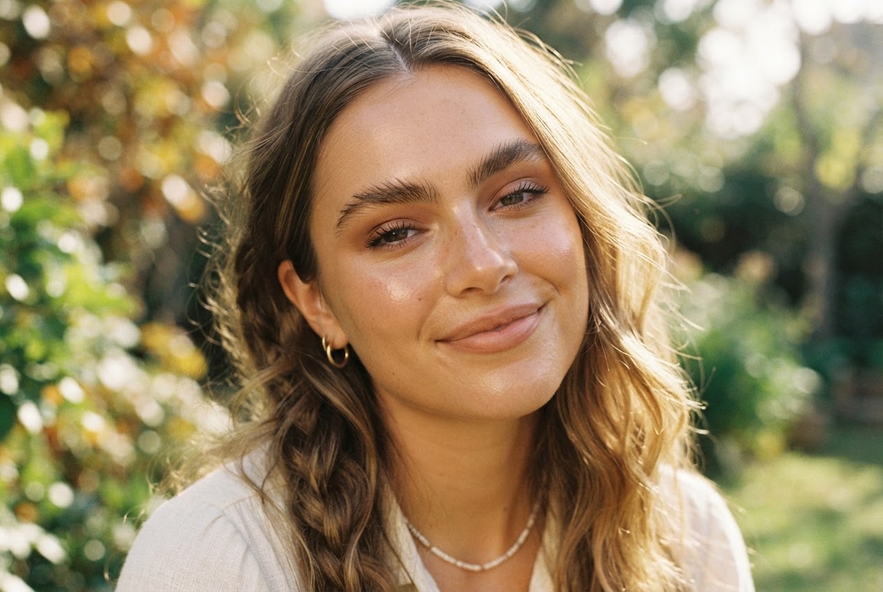 Close-up of a woman with a natural hippie makeup look: glowing skin, bushy eyebrows, light mascara, and nude lips.