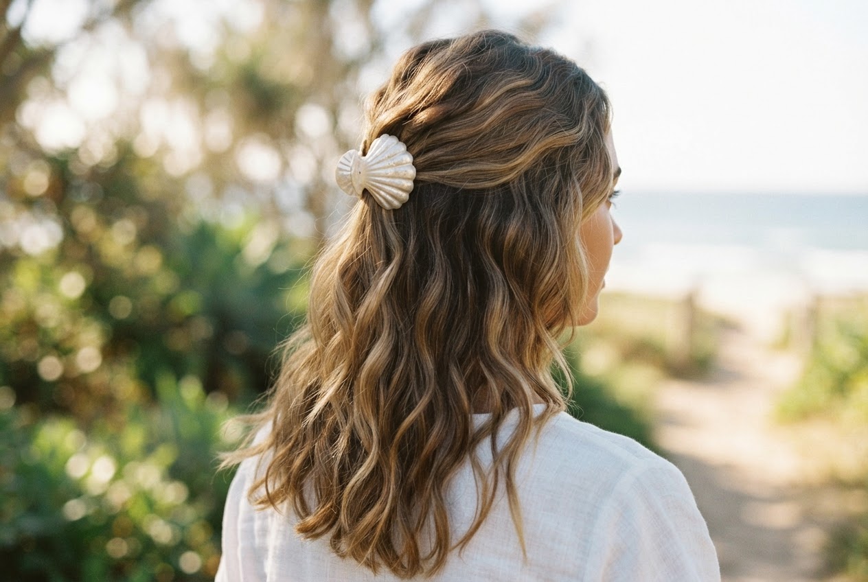 Woman with a shell clip holding back the top section of her hair, with waves falling over shoulders.