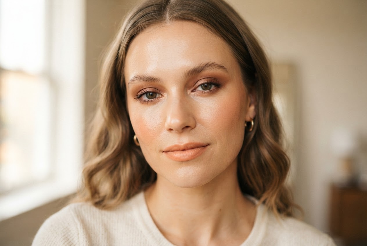 Close-up of a woman with a subtle 70s makeup look: warm brown eyeshadow, bronze shimmer, and peach lips.