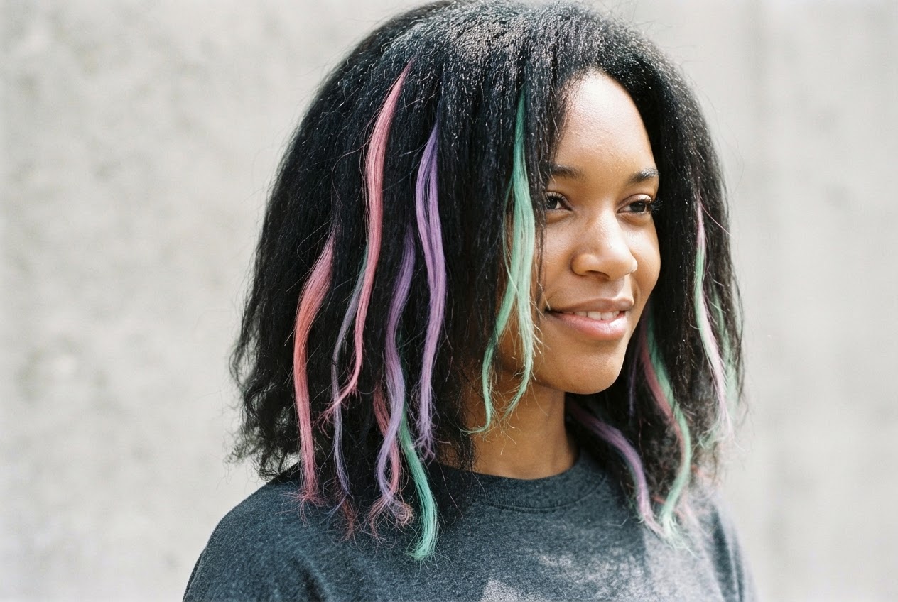 Woman with black hair with a few pastel pink, lavender, and mint strands woven through, bright lighting to show the colors.
